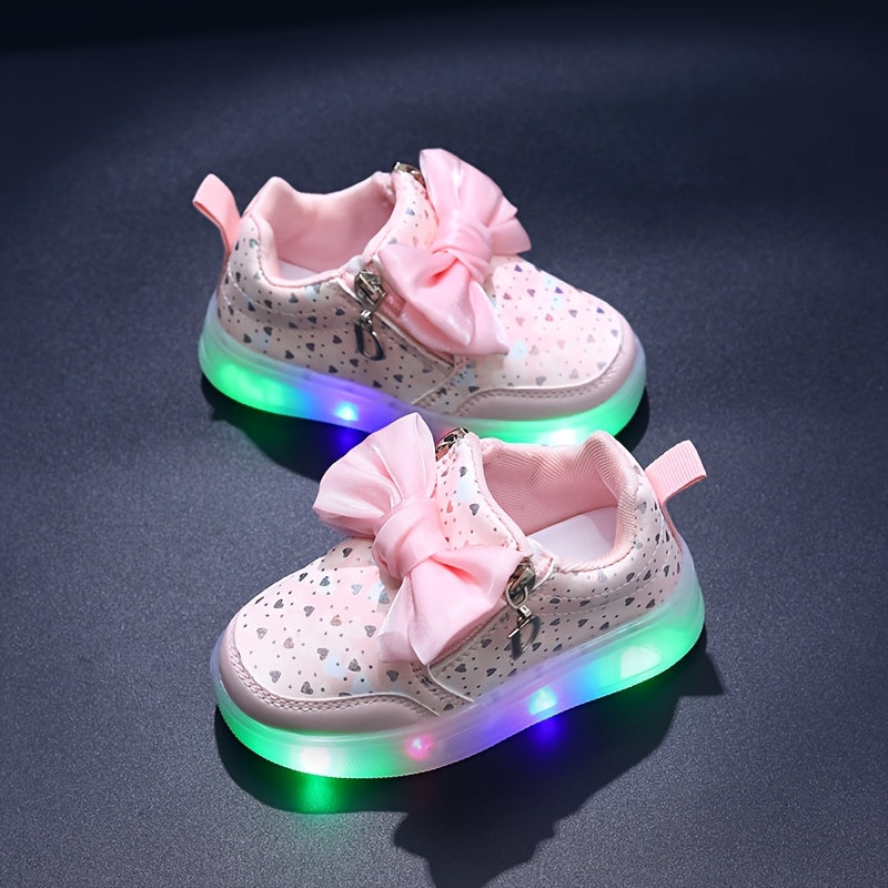 Girls' Glow-in-the-Dark Heart Pattern Sneakers with Bowknot for Ages 1-6 Pink Blue Lightweight Casual Sporty