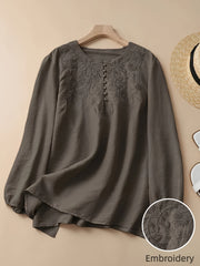 Floral Embroidered Long Sleeve Shirt for Women Made of Polyester and Spandex