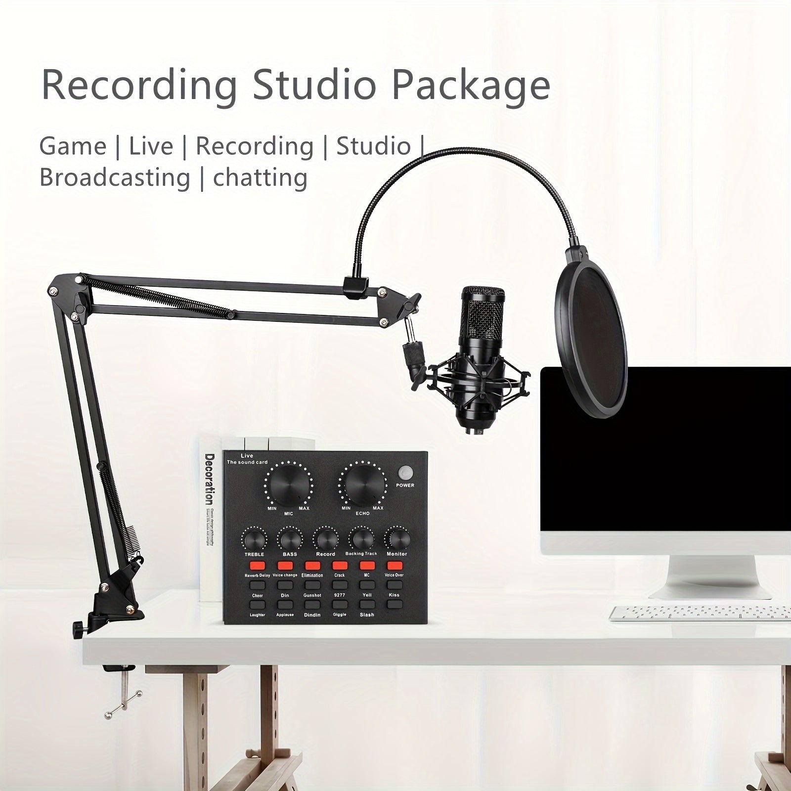Podcast Equipment Kit with Microphone and Sound Card for Recording Streaming Gaming Black