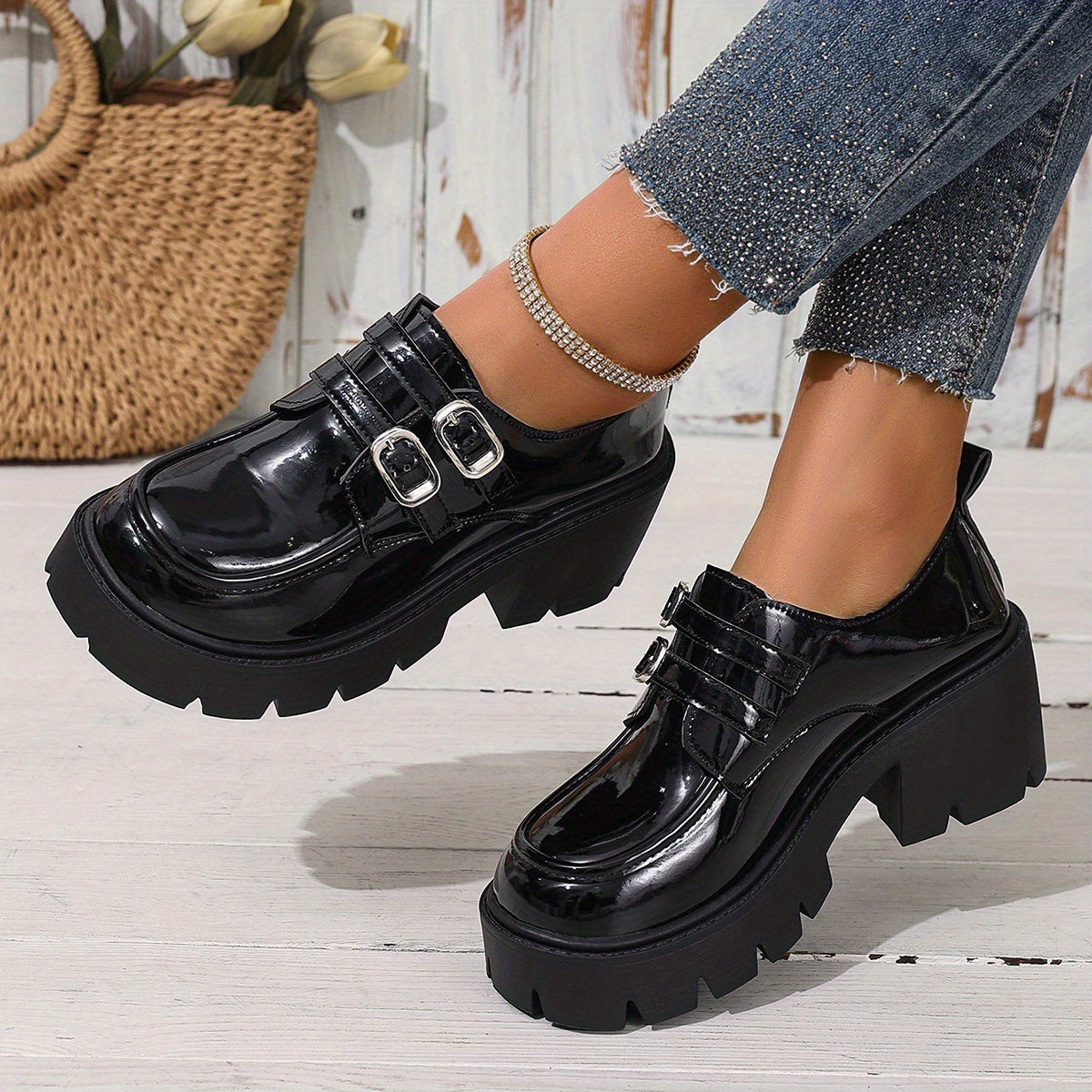 Women's Black Platform Loafers with Chunky Heel and Round Toe