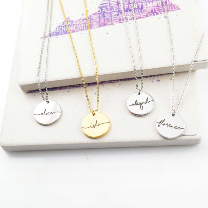 Gold Plated Stainless Steel Necklace with Custom Name Engraving and Round Pendant for Women