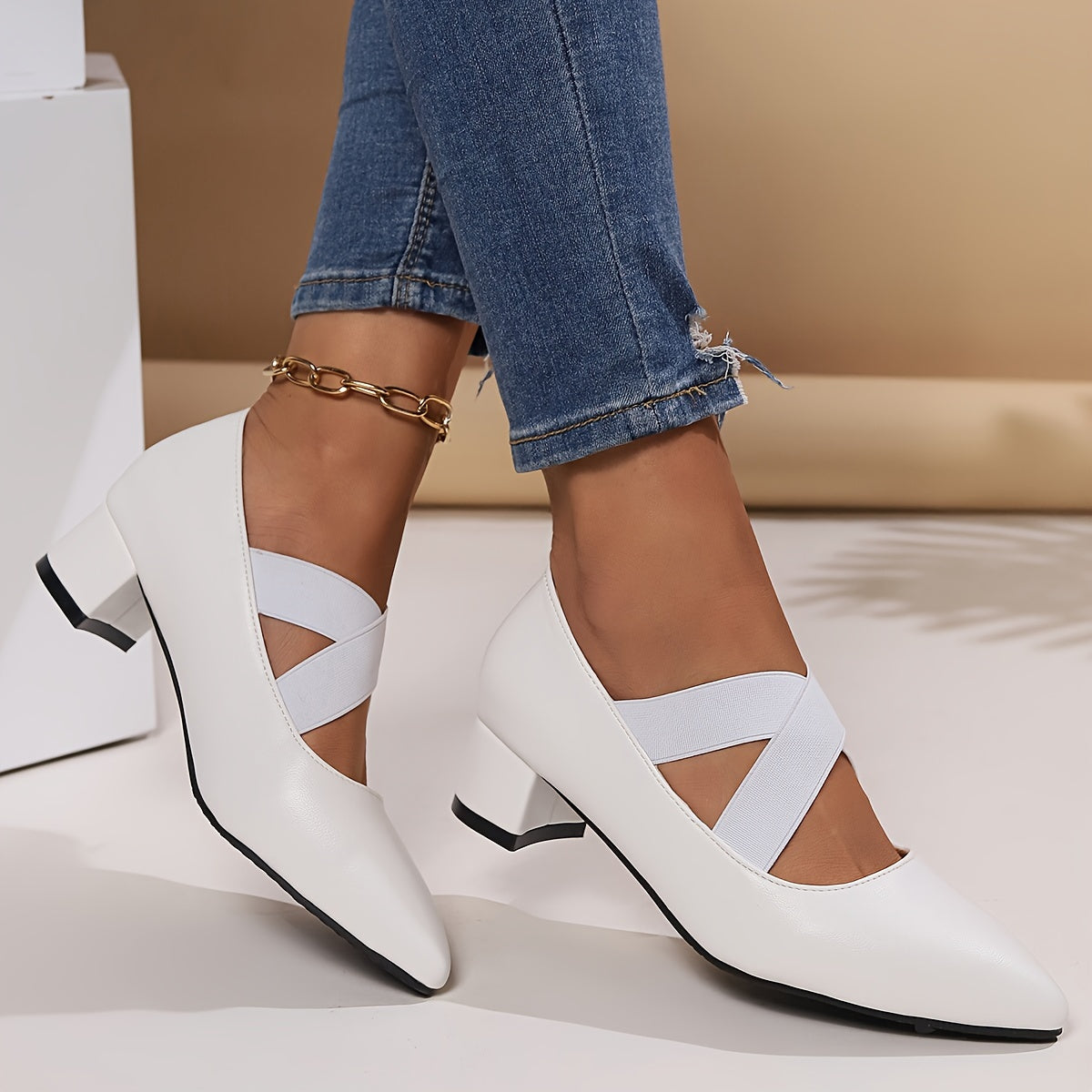 Women's Black Pointed Toe Pumps with Cross Straps and Chunky Heel