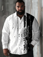 Men's Plus Size Casual Shirt Black and White Geometric Print Polyester Spandex Woven