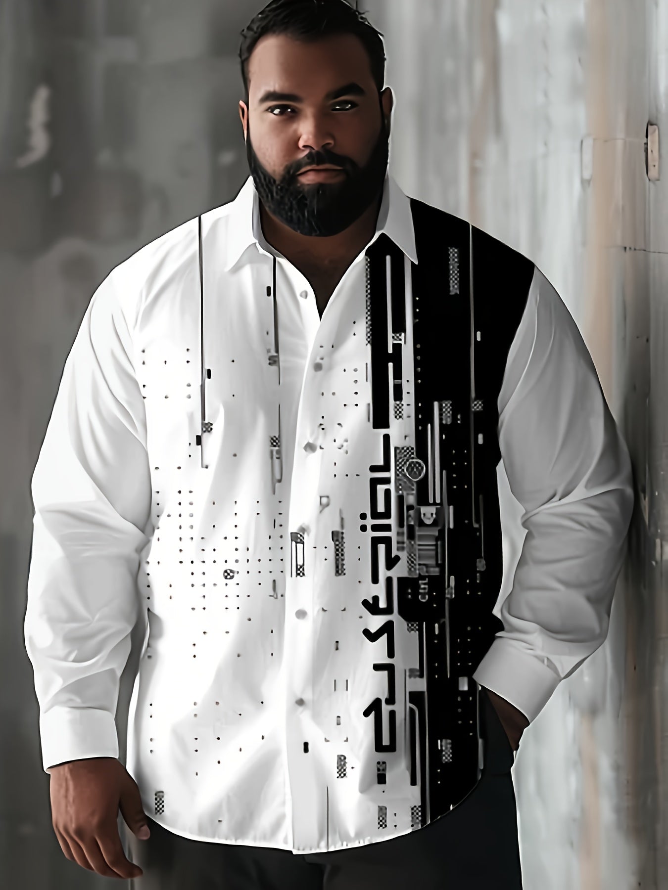 Men's Plus Size Casual Shirt Black and White Geometric Print Polyester Spandex Woven