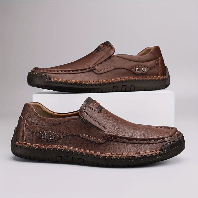 Men's Brown Slip-On Loafers with Stitched Detailing, Rubber Sole, Casual Dress Shoes