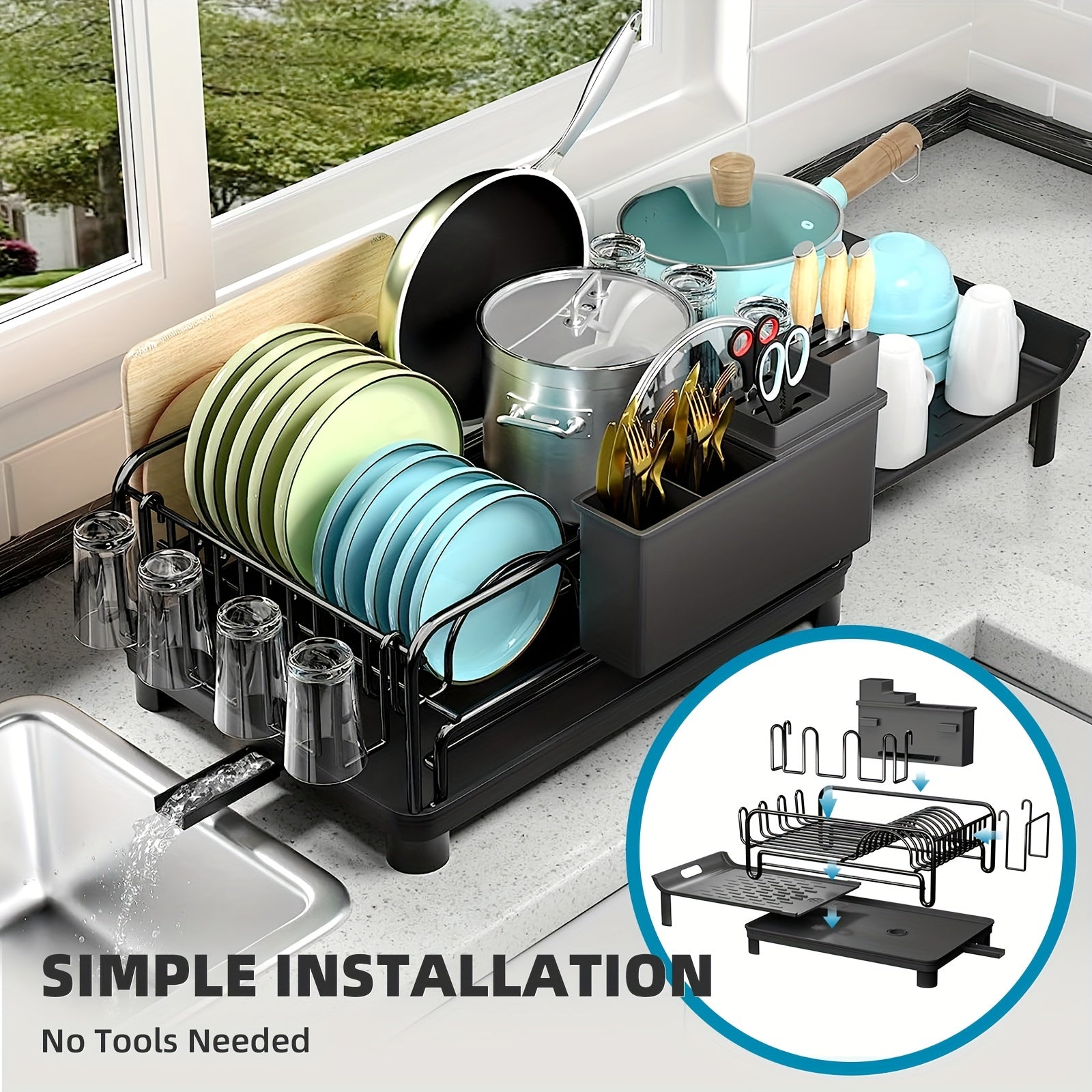 Gran escurridor de platos extensible con soportes para cubiertos y tazas, organizador de cocina resistente a la oxidación