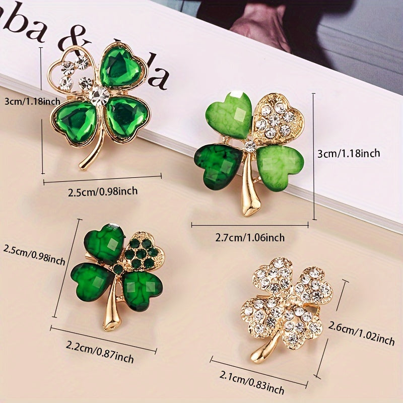 4 ta qismdan iborat qotishma shamrock brosh pinlari, sun'iy rhinestone mozaikasi bilan oddiy va yoqimli uslubda. Barcha mavsumlarda kiyim-kechak, kundalik kiyim va sovg'a tadbirlari uchun mukammal moda aksessuari.