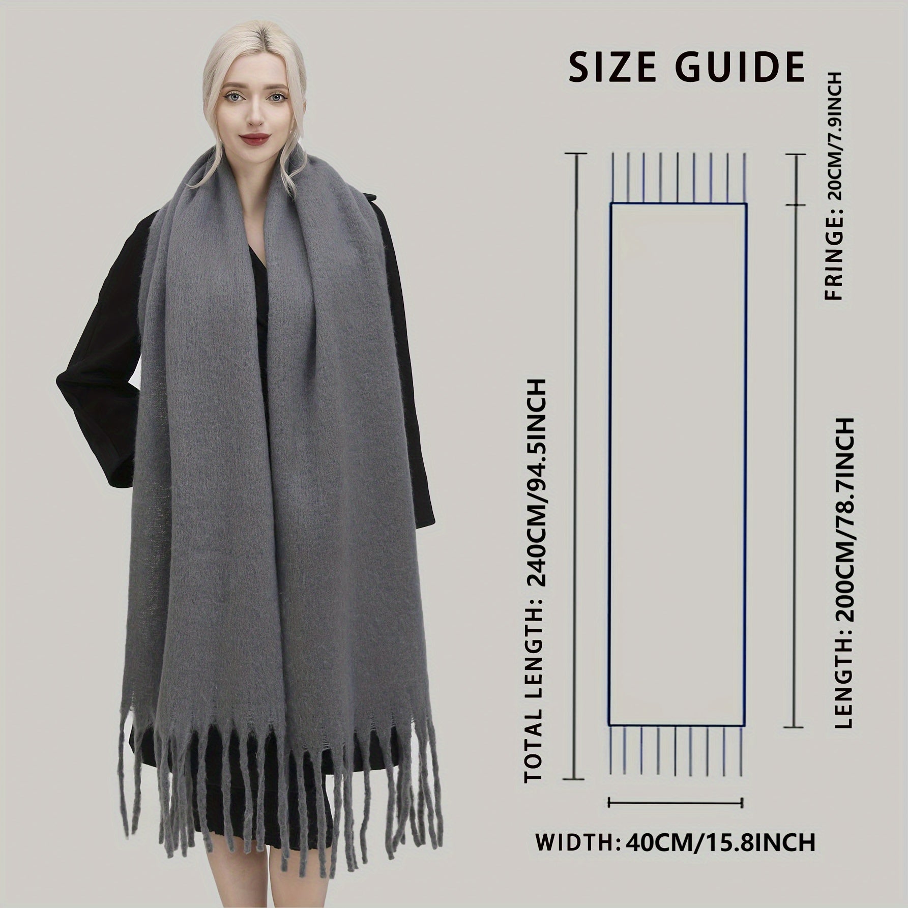Women's Autumn Winter Solid Color Fringe Scarf Soft Windproof Large Shawl