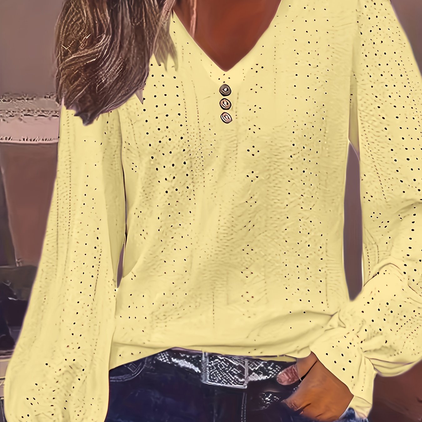 Plus Size Eyelet Button Decor T-Shirt Casual V Neck Long Sleeve Top