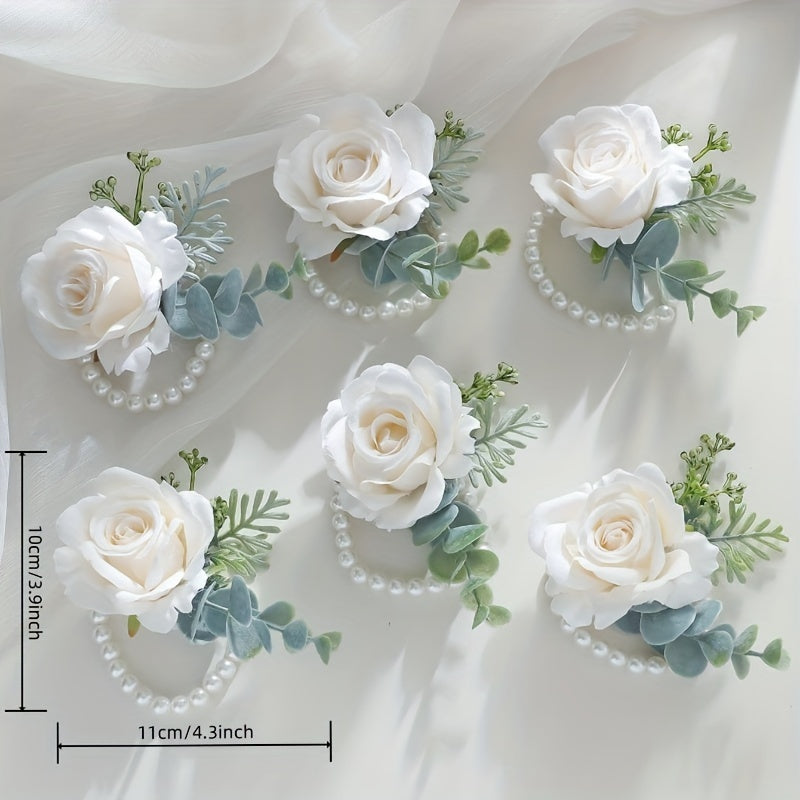 Romantic Wrist Corsage with Roses and Faux Pearls for Weddings and Parties