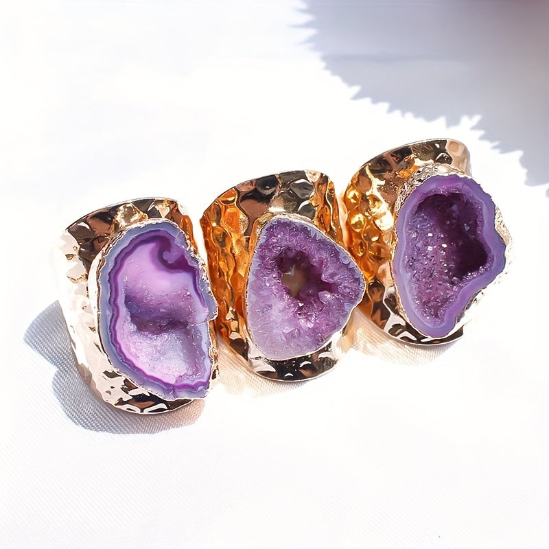 Women's Natural Onyx Geode Adjustable Ring with Copper Frame and Agate Crystal