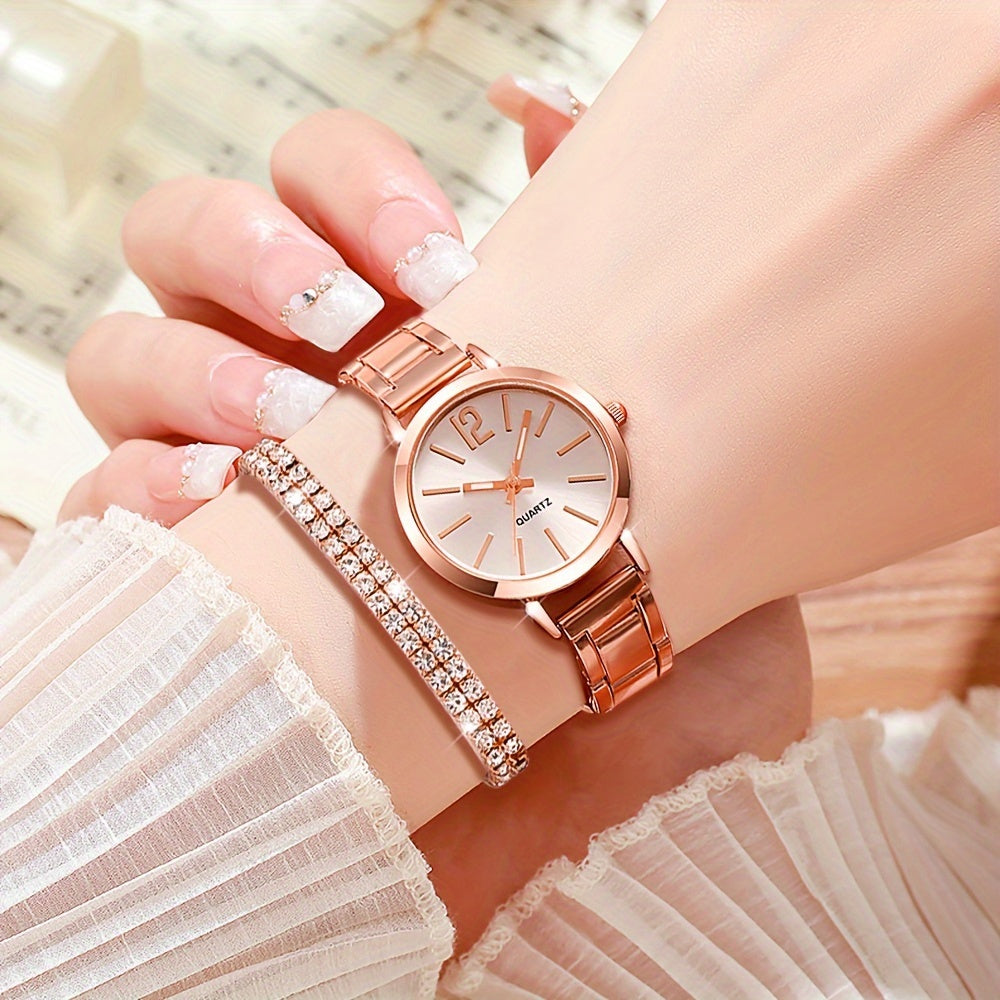 6pcs Stainless Steel Quartz Watch Set with Rhinestone Bracelets for Women