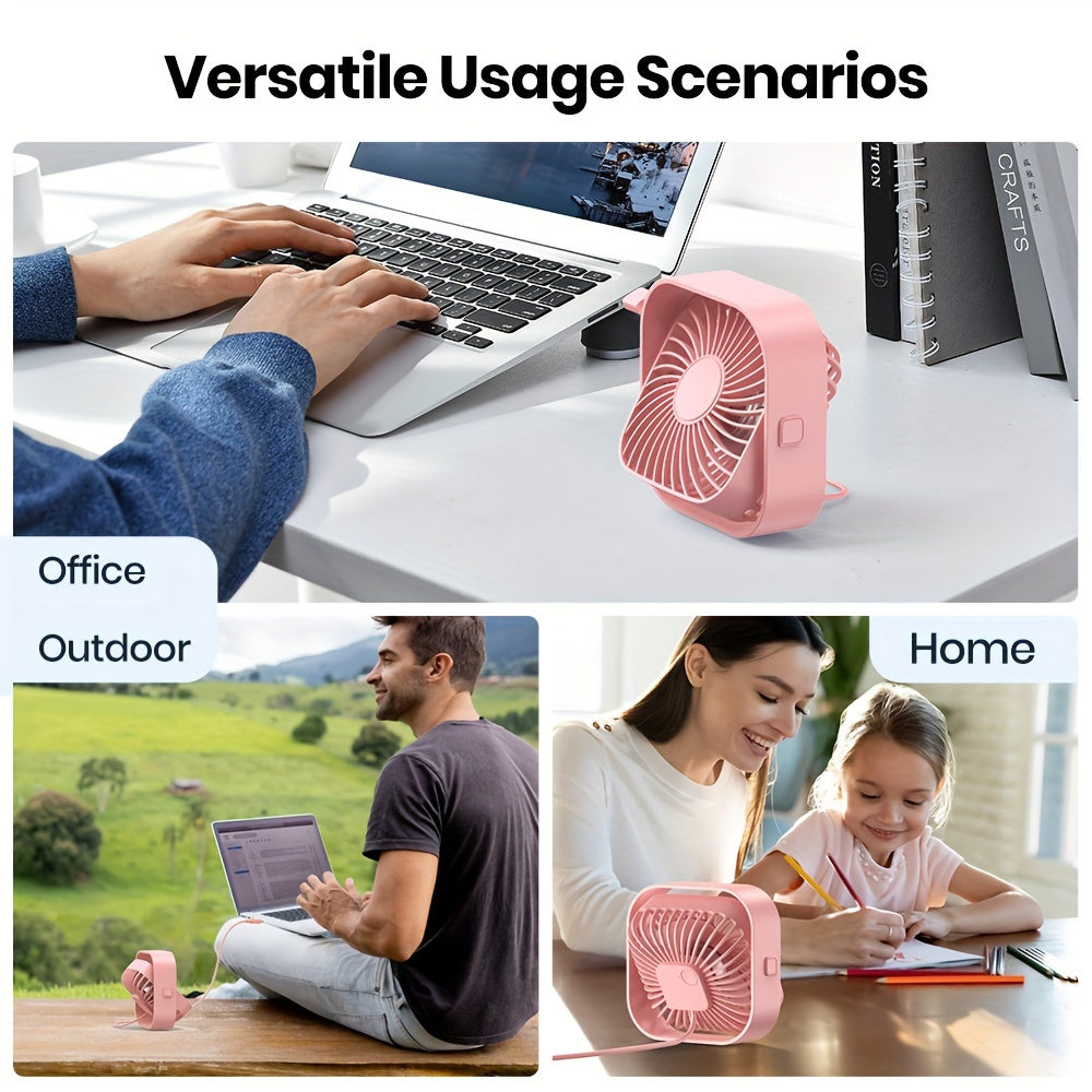 Pink 4-Inch USB Desk Fan Quiet Compact with 3 Speeds 360° Adjustable for Home Office Bedroom Car Outdoor