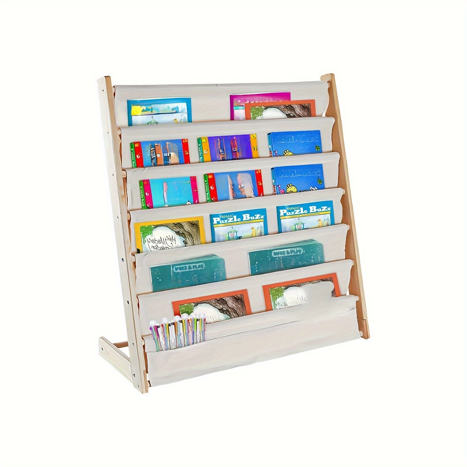 Wood Bookshelf with Fabric Pockets and Rounded Edges for Kids Storage
