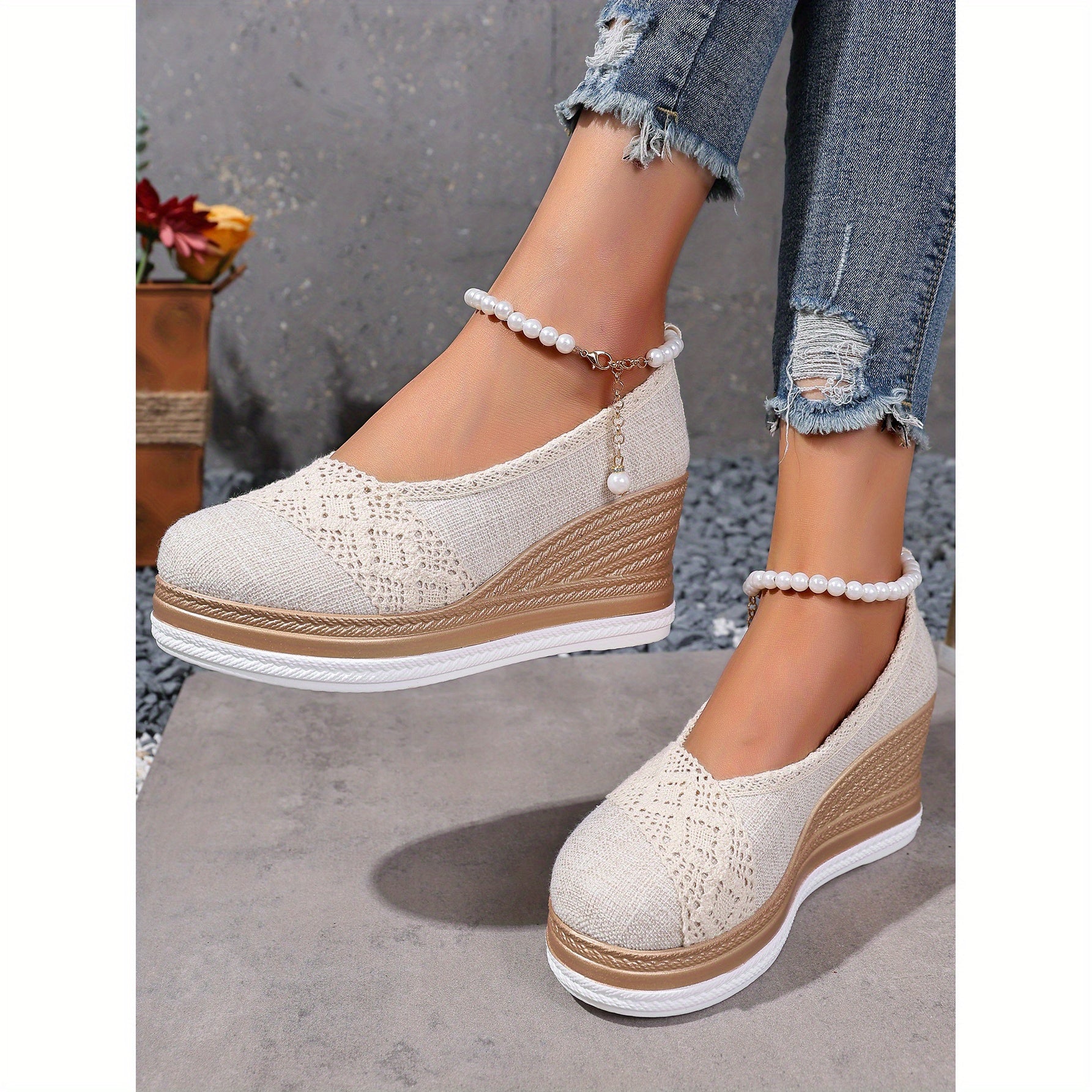 Women's Beige Espadrille Wedge Loafers Slip-On Shoes with Thick Sole