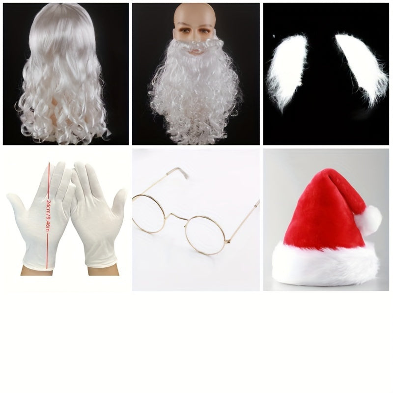 6-chiqish Santa Claus kostyum to'plami, soch, soqol, ko'zoynaklar, qo'lqoplar bilan, Rojdestvo bayramlari uchun