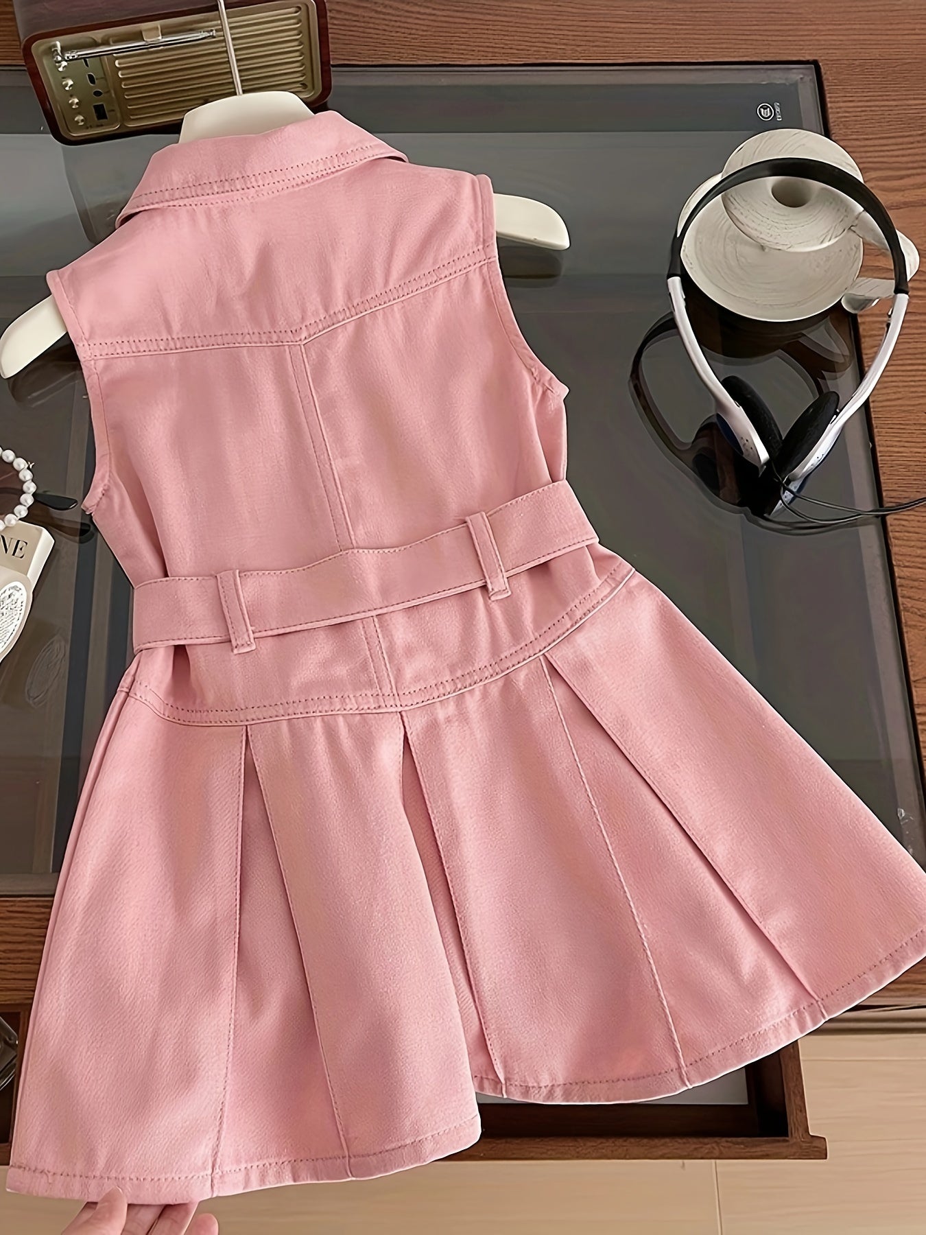 Girls Summer Denim Skirt Knee Length Sleeveless Waist-Cinched Collar Casual Non-Stretch