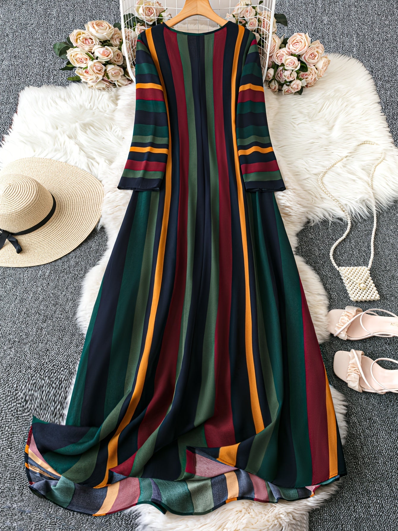 Платье большого размера с длинными рукавами и V-образным вырезом, с цветным полосатым лоскутным узором для весны и осени