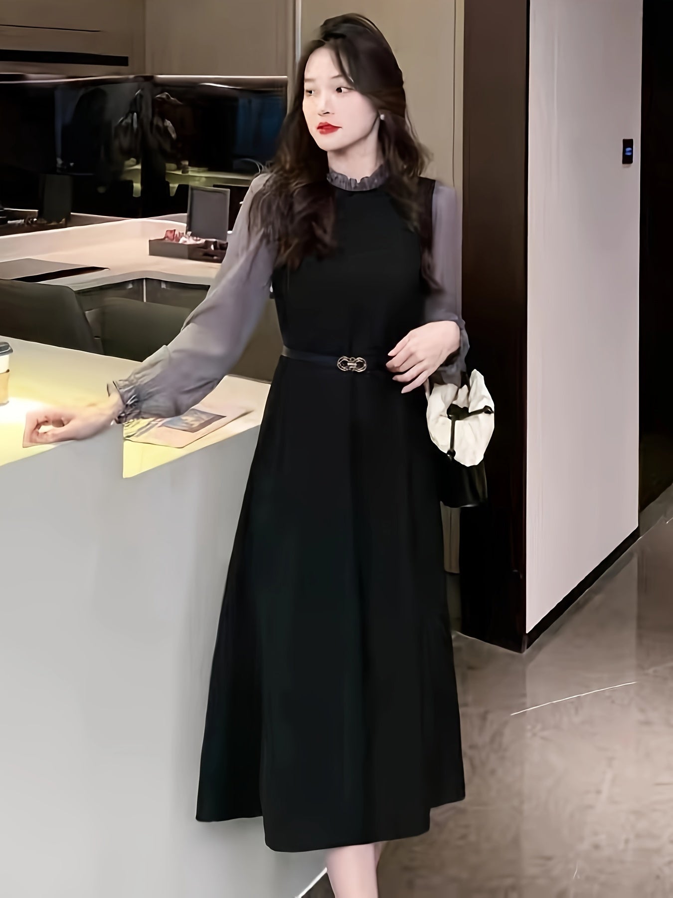 Color Block Ruffle Trim Dress Long Sleeve Aline Women's Spring Fall