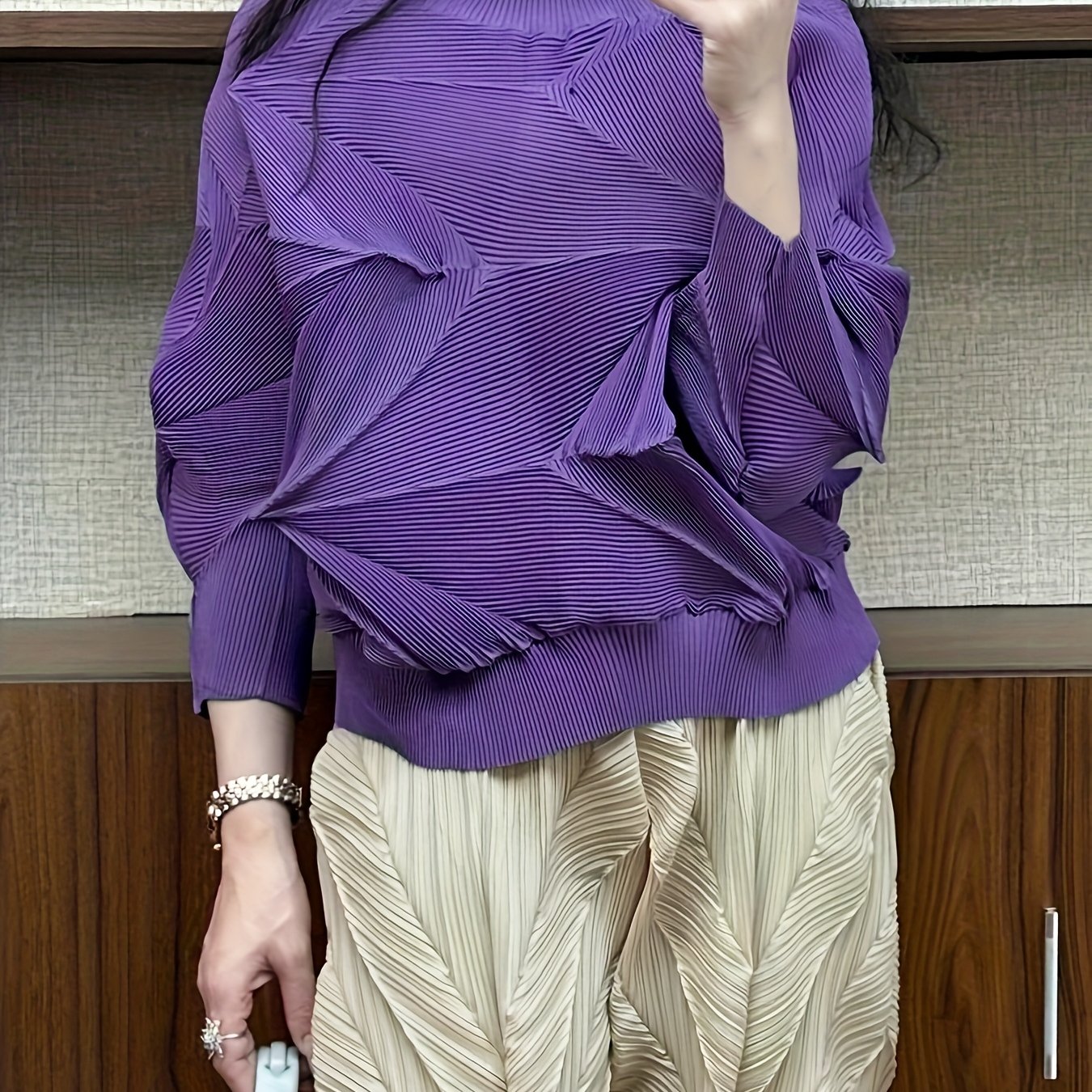 Plus Size Loose Fit Diamond Pleated Top Stylish Casual Clothing