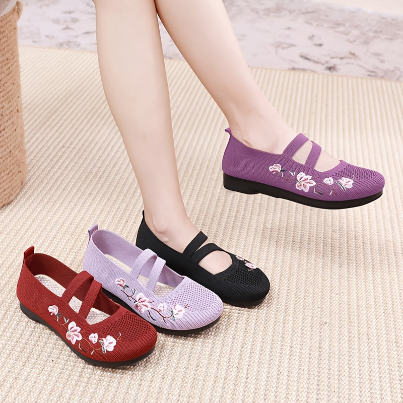 Women's Summer Casual Knit Flats Purple Red Embroidered Floral Lightweight Fabric Sole