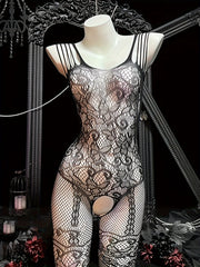 Women's Fishnet Bodysuit with Lace Detailing Sheer Nylon Elastane