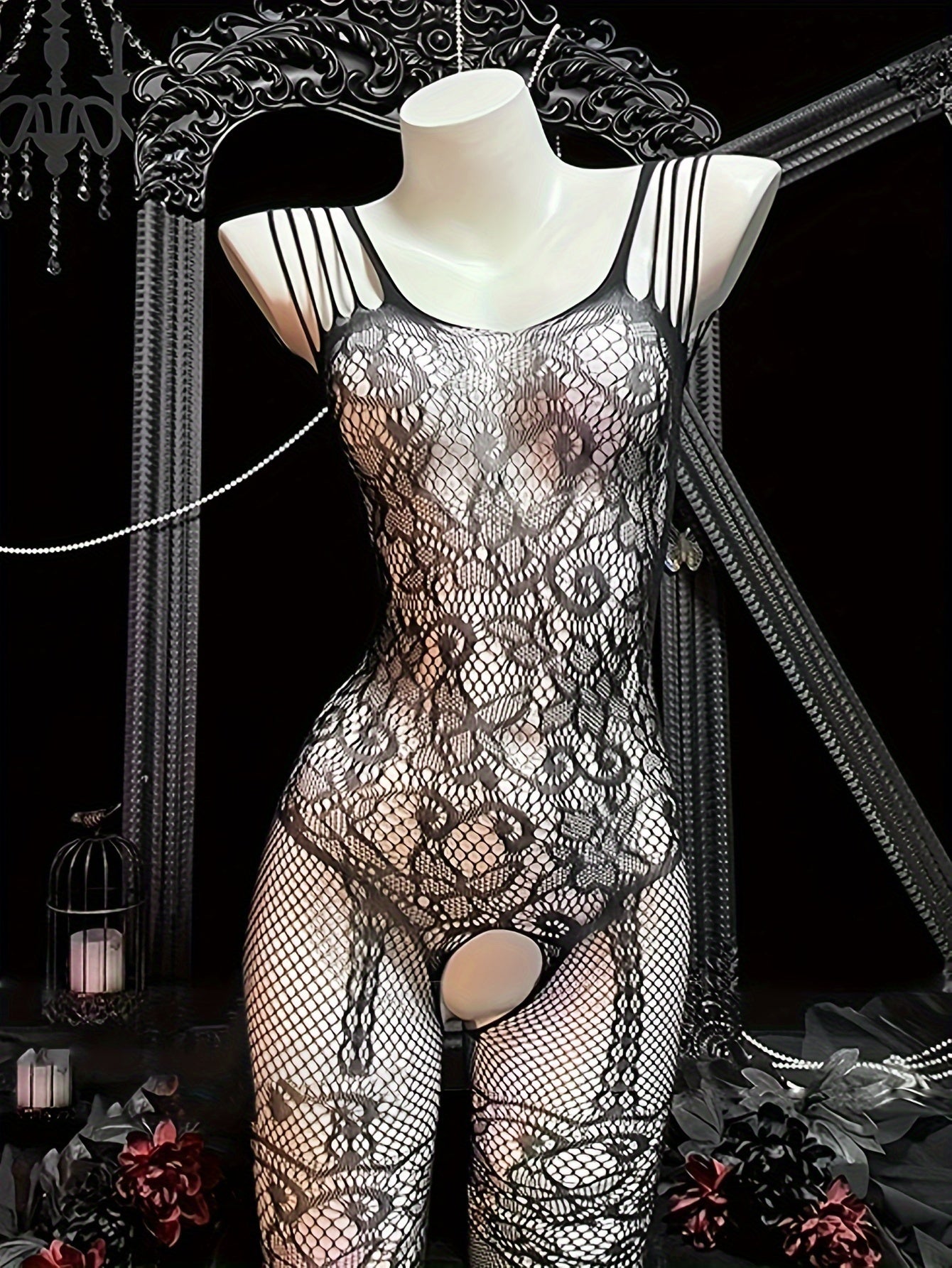 Women's Fishnet Bodysuit with Lace Detailing Sheer Nylon Elastane