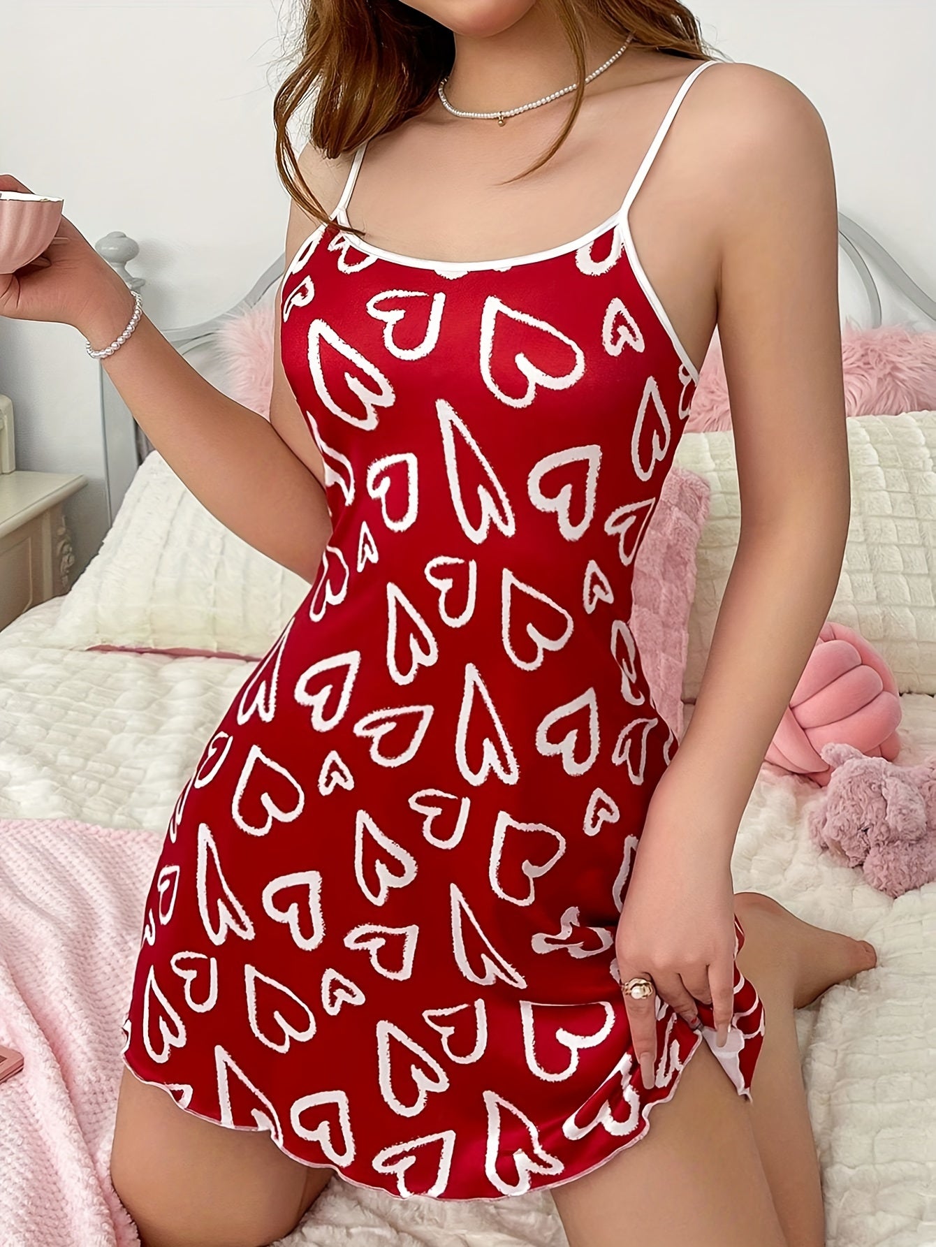 Women’s Summer Heart Pattern Slip Dress Polyester Sleeveless Casual