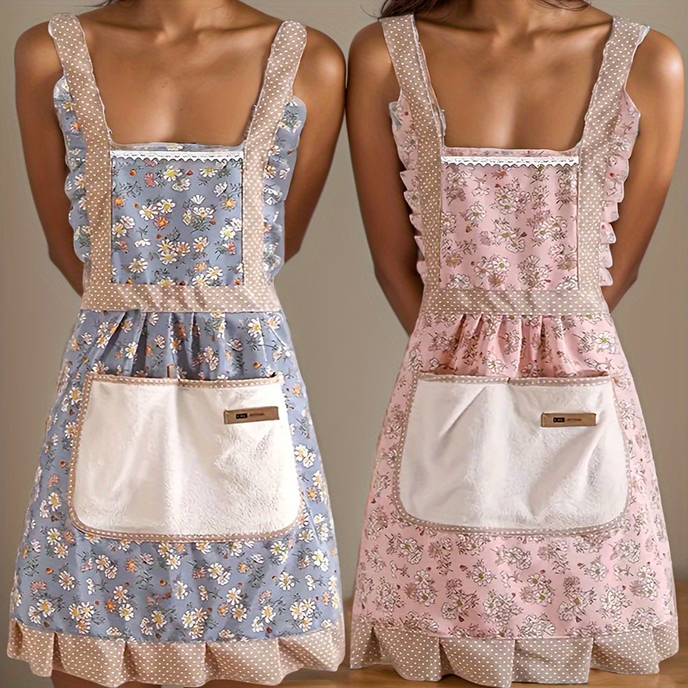 Floral Canvas Apron with Pocket Durable Woven Garden Kitchen BBQ Painting Apron