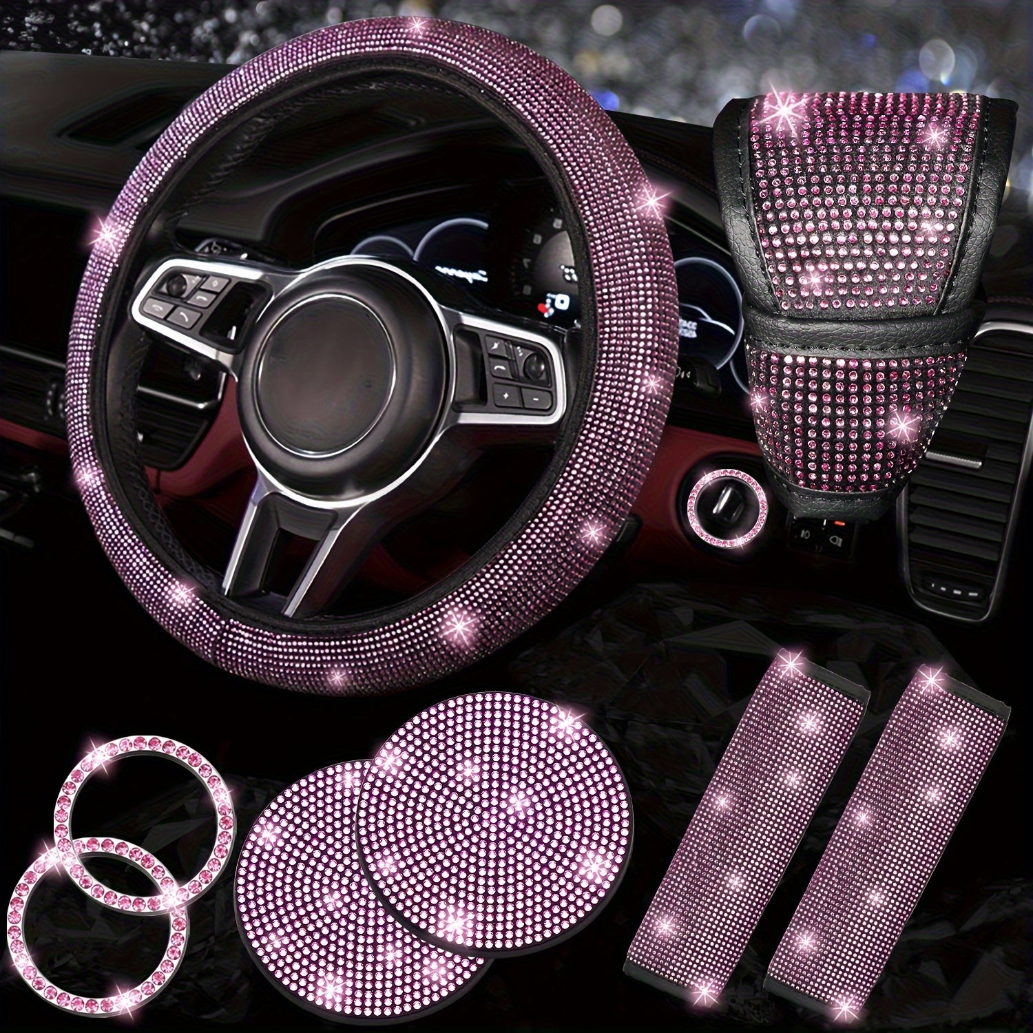 Juego de accesorios de bling para coche para mujer incluye funda para volante, posavasos y protectores de cinturón de seguridad