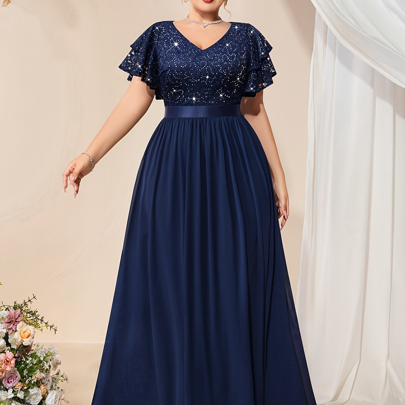 Women Maxi Dress Lace Beaded V-Neck Chiffon Party Summer Plus Size