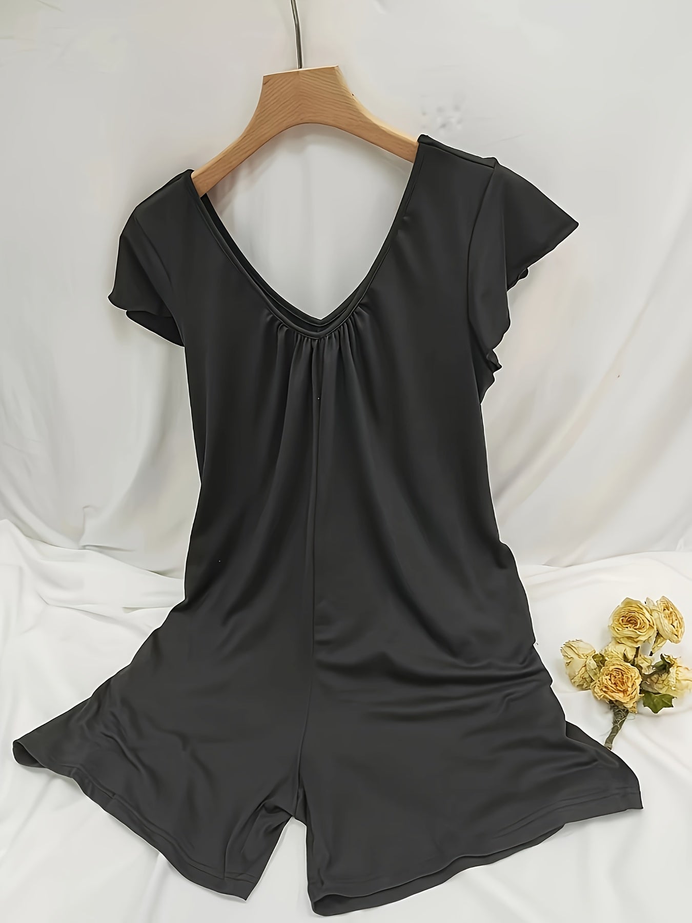 Plus Size Black Summer Jumpsuit Breathable Fabric Flared Legs Pockets