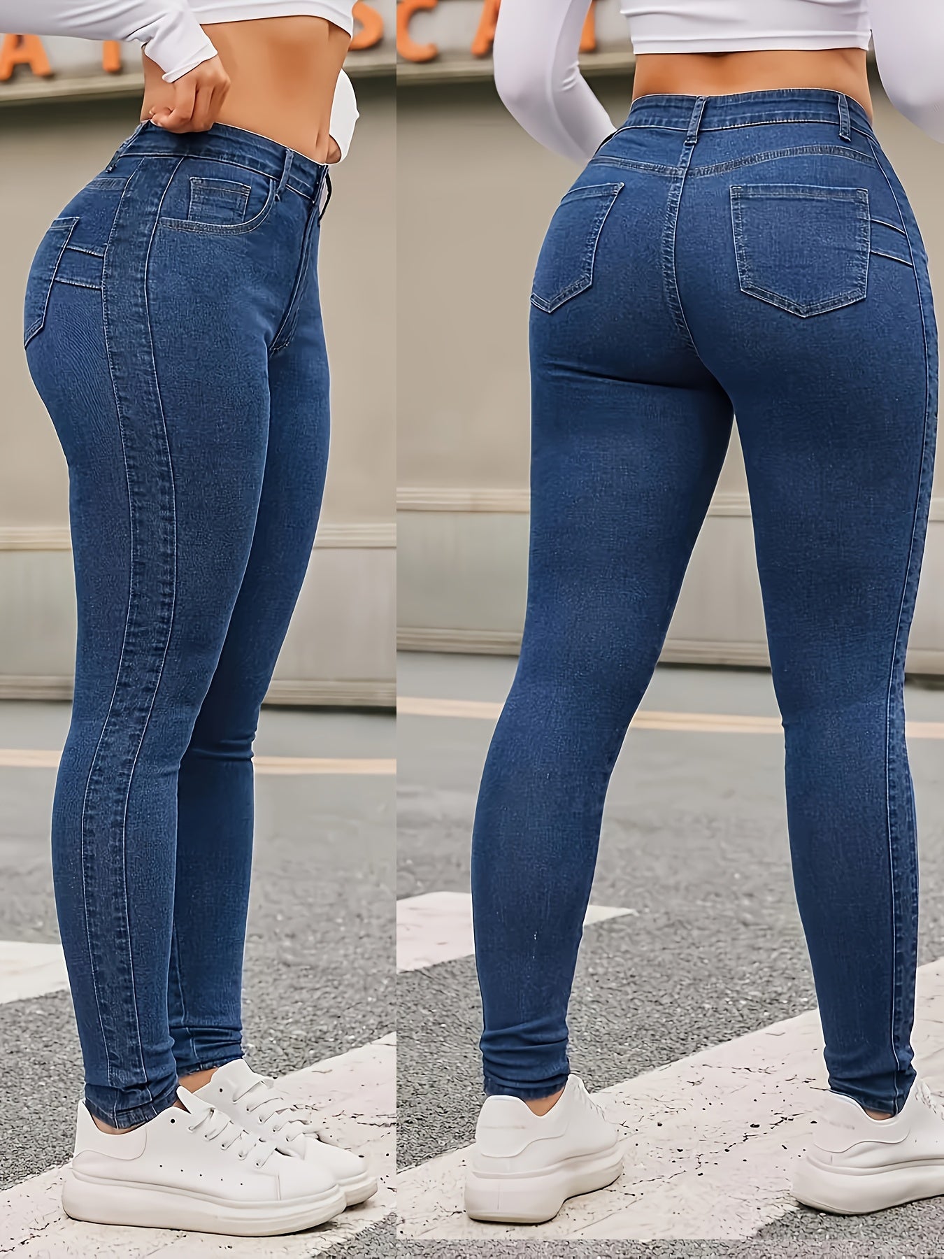 Plus Size High-Waisted Skinny Jeans Deep Blue Stretch Breathable