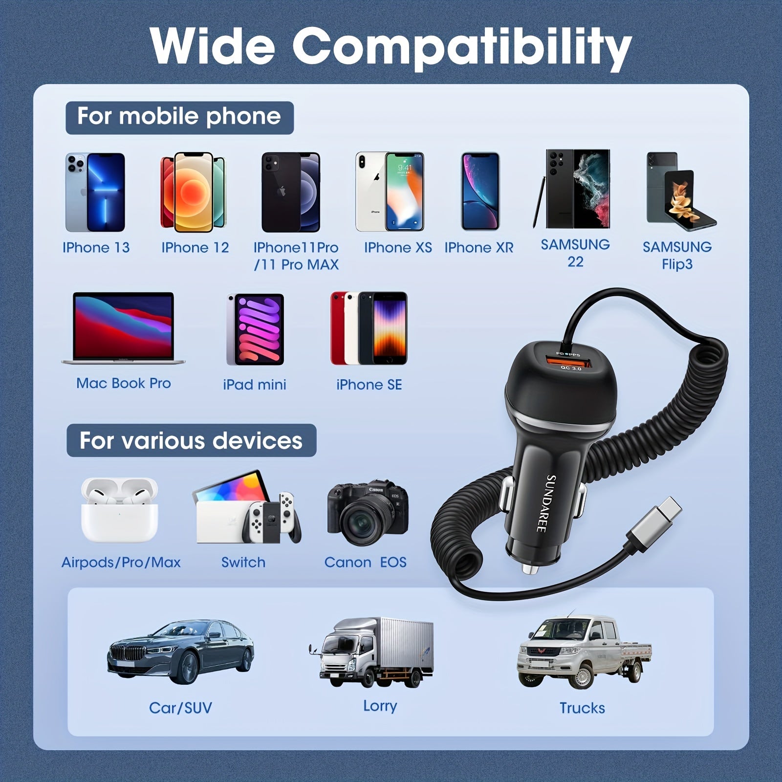 Universal Car Charger USB C 51W Fast Charging Power Adapter