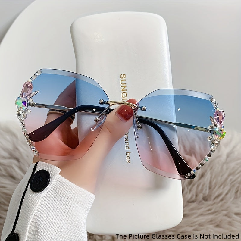 Women's Rimless Oversized Gradient Lens Glasses with Rhinestone Accents for Beach and Casual Wear