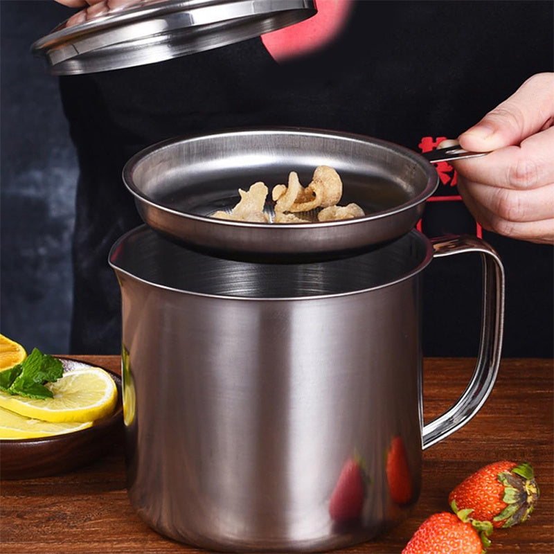 Stainless Steel Oil Storage Container with Strainer 43.96oz Kitchen Filtration Pot
