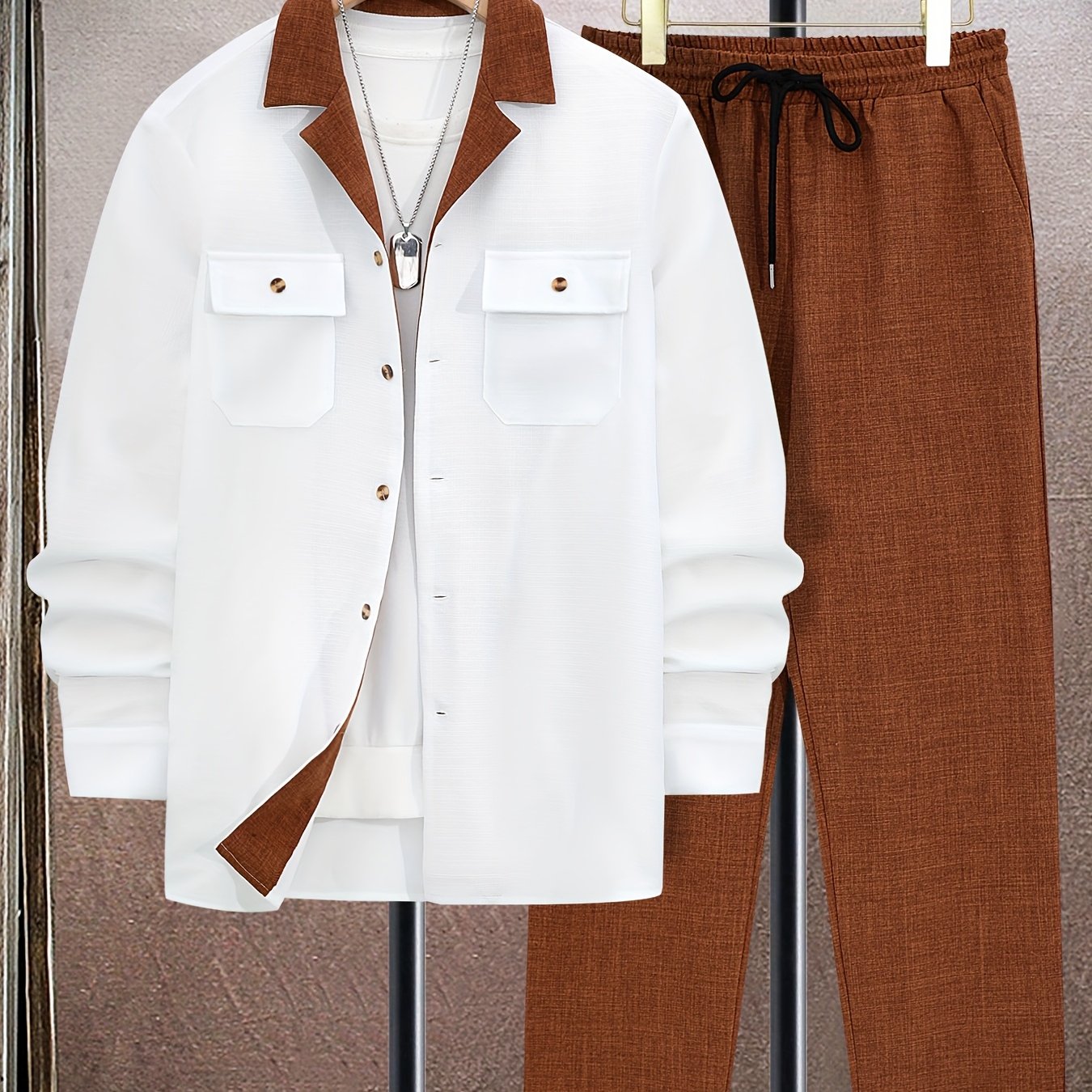 Men's Plus Size Olive Green Blazer Set Polyester Casual Button-Up Jacket with Pockets and Black Pants for Spring and Autumn