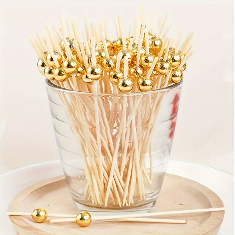 Bamboo Cocktail Picks with Golden Pearls for Fruit Cake Snacks and Appetizers