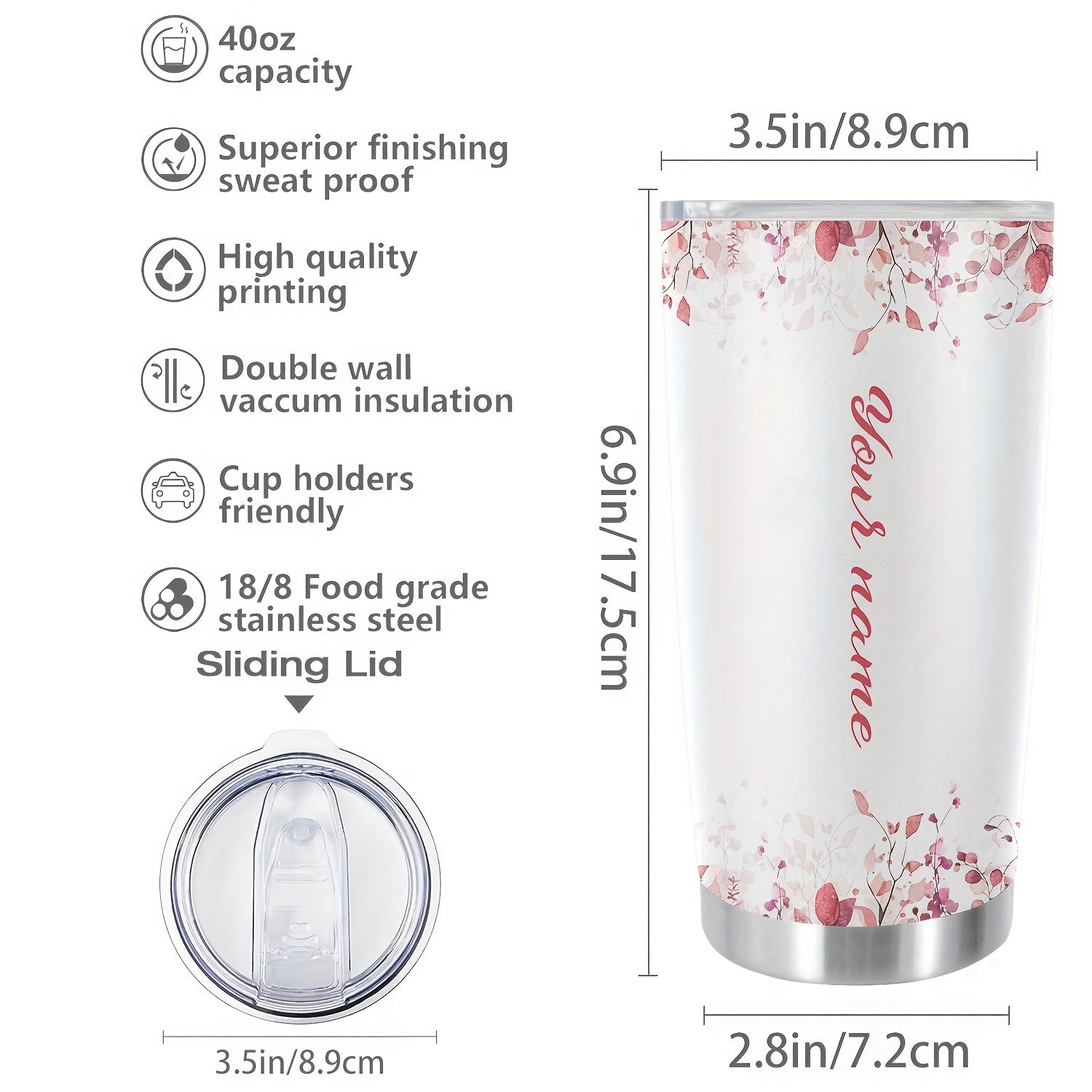 Shaxsiylashtirilgan Ism va Gul Dizayni bilan 20oz Izolyatsiyalangan Rostdan Oltin Terilgan Qattiq Po'latdan Tumbler
