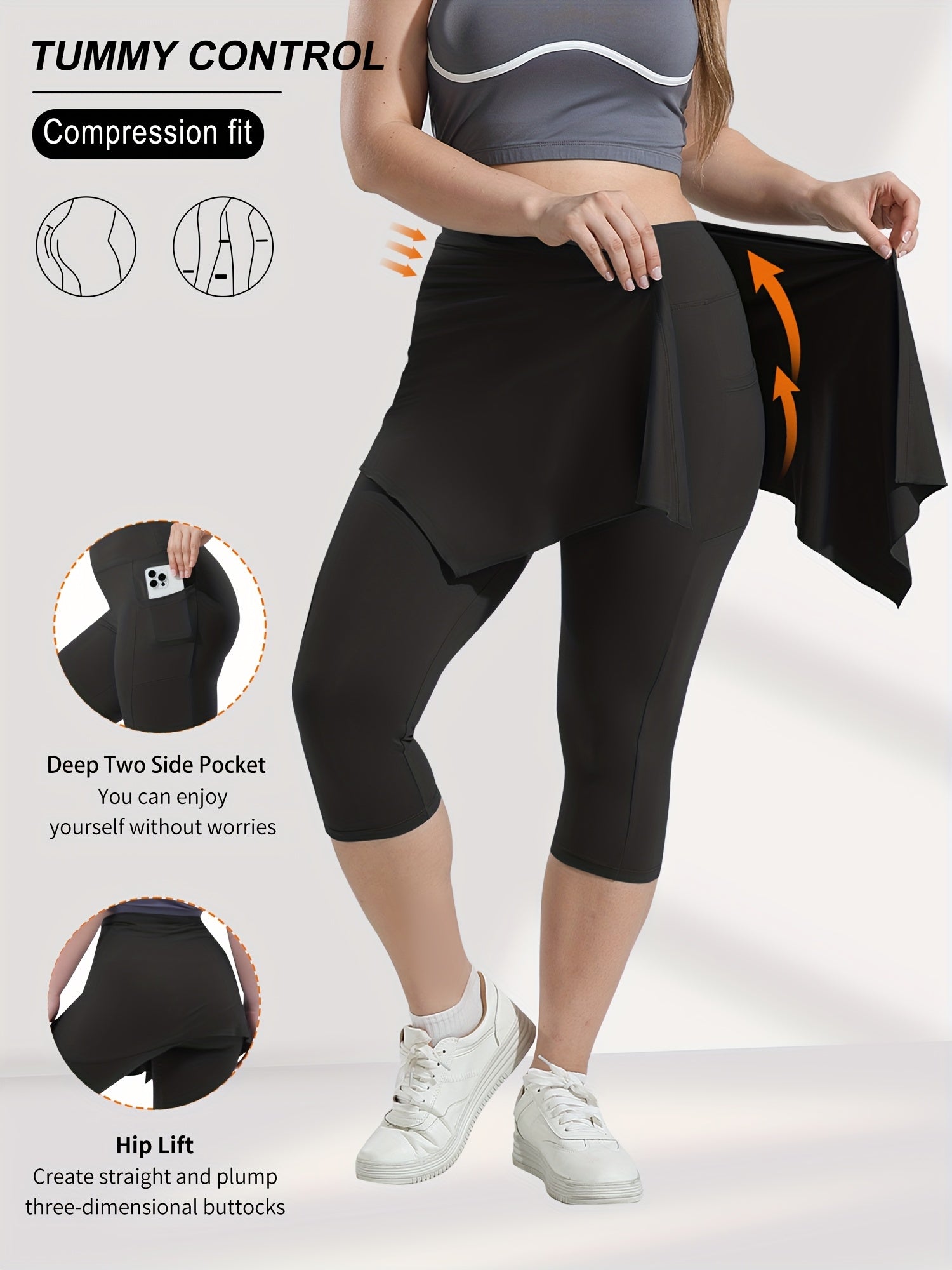 Plus-Size High-Waisted Leggings and Irregular Skirt Set with Pockets