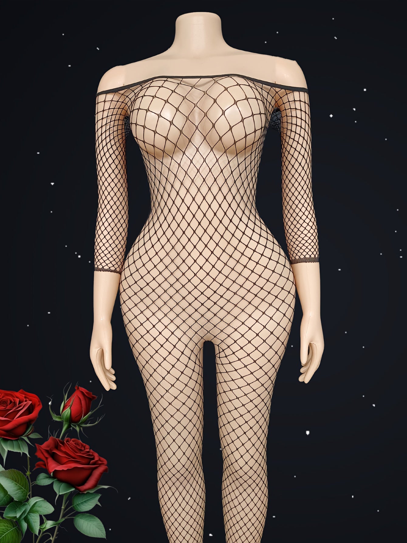 Women's Mesh One-Piece Bodysuit with Stockings, Long Sleeve, Breathable Large Size