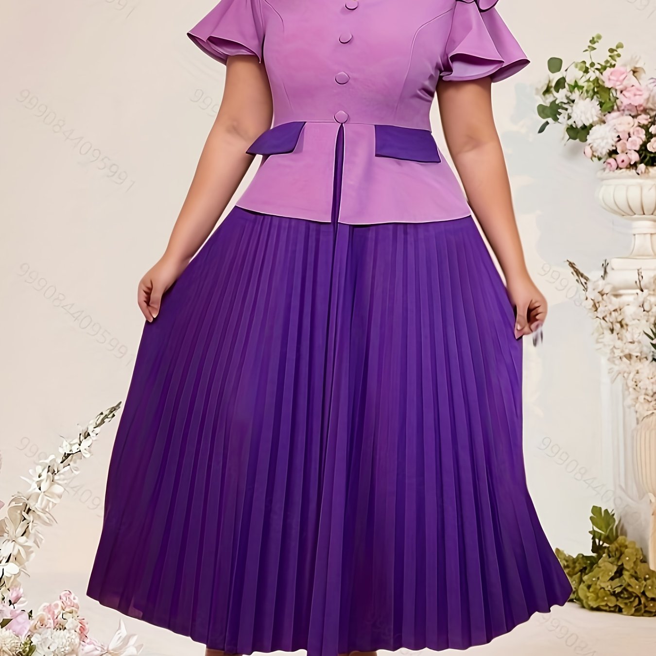 Plus Size Women's Elegant Pleated A-Line Party Dress Color Block