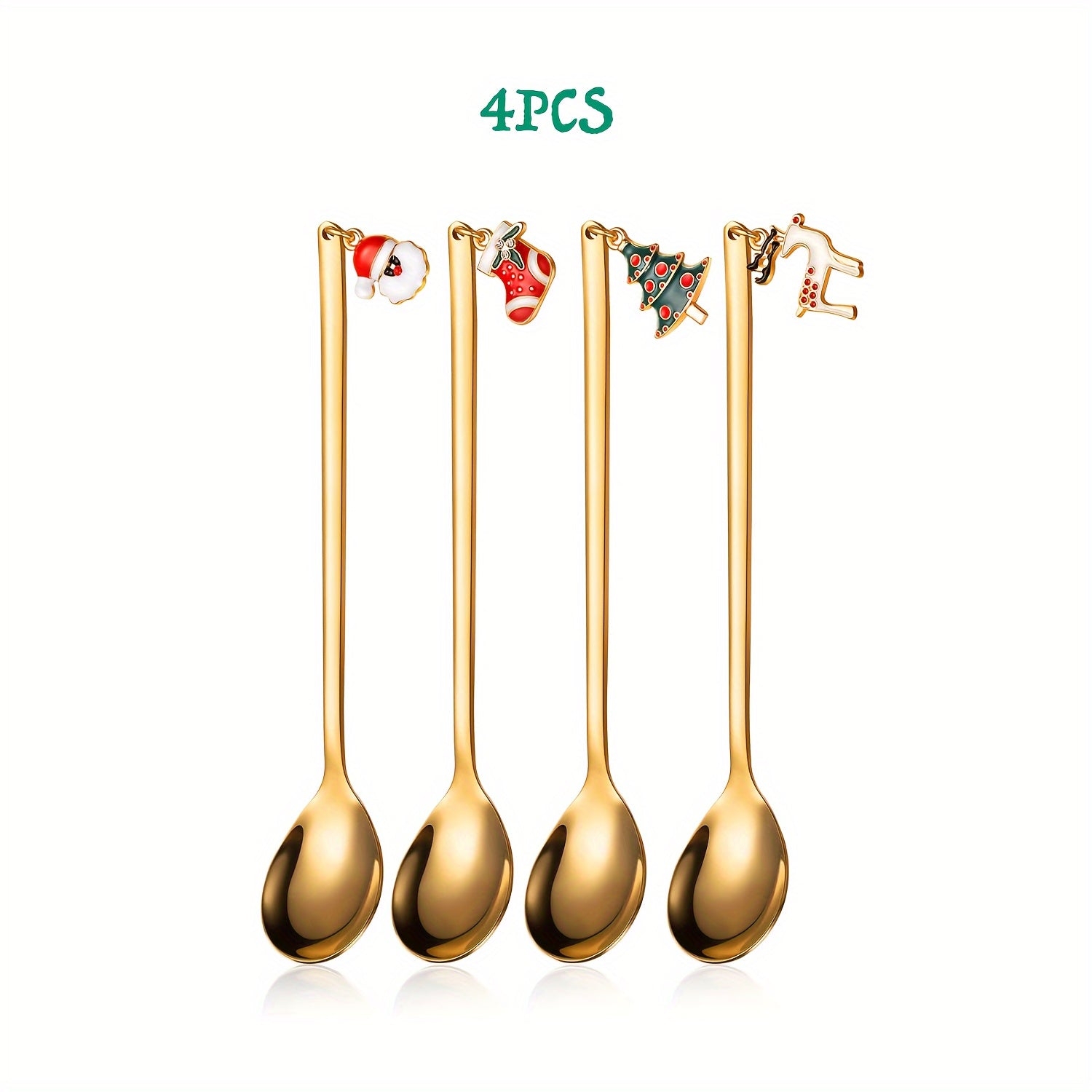 Set of 4 Festive Stainless Steel Christmas Coffee and Tea Spoons for Hot Chocolate and Desserts