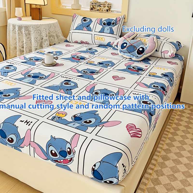 Conjunto de ropa de cama de Disney Stitch de 3 piezas para niños con sábana ajustable, fundas de almohada y cojín de felpa