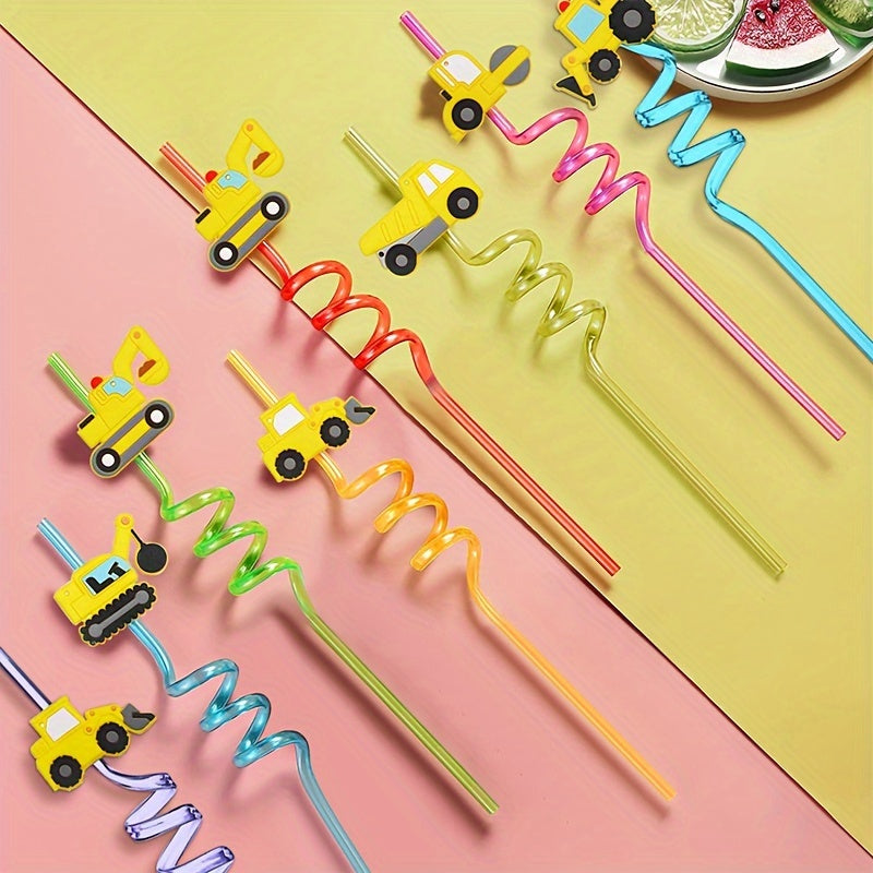 Set of 8 Construction Vehicle Party Straws Plastic for Birthdays and Events
