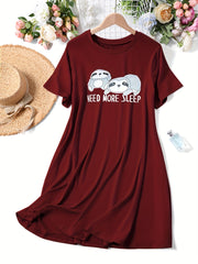 Women's Plus Lounge Dress Short Sleeve Cartoon Sloth Letter Print Home Wear