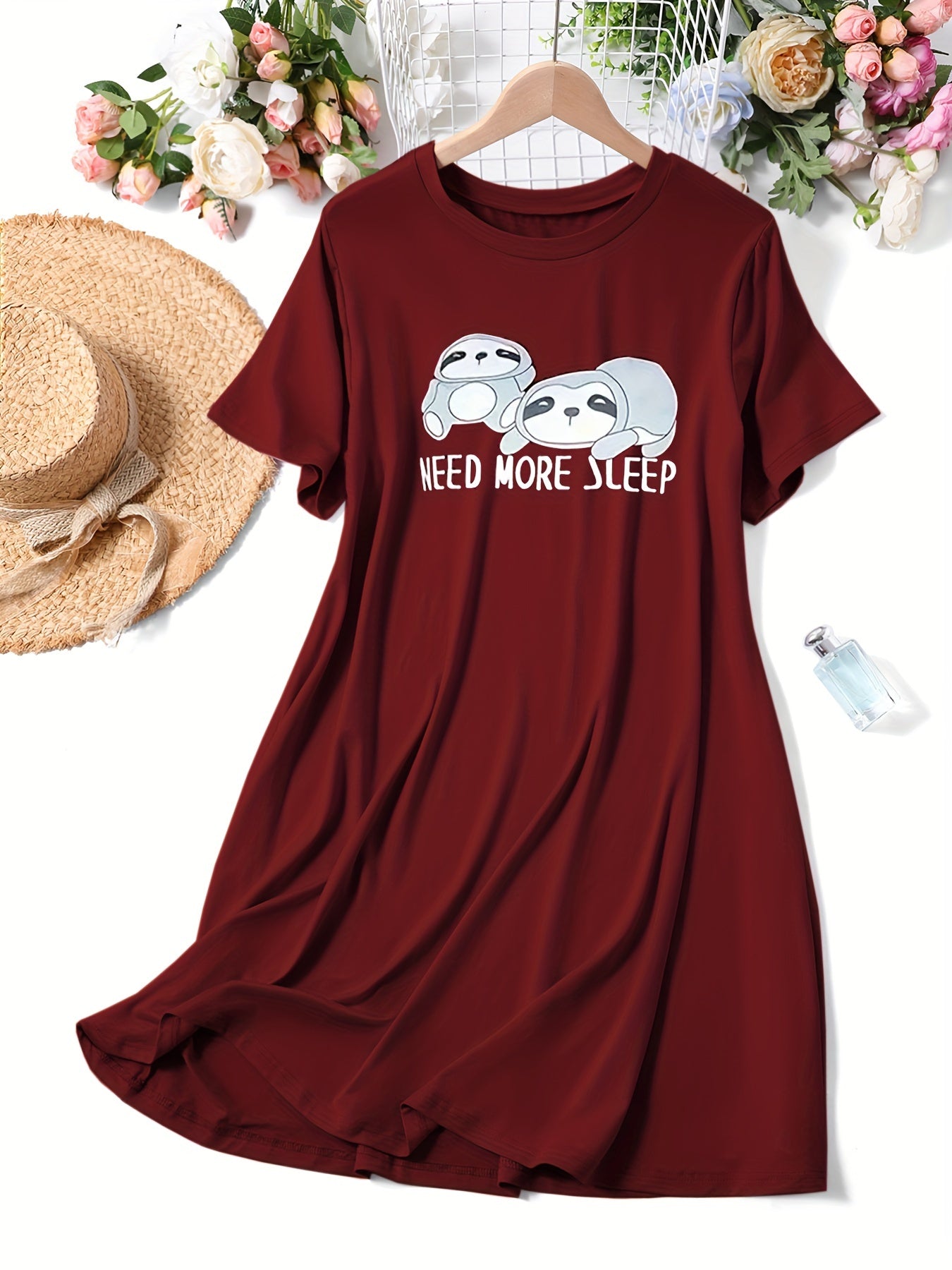 Women's Plus Lounge Dress Short Sleeve Cartoon Sloth Letter Print Home Wear