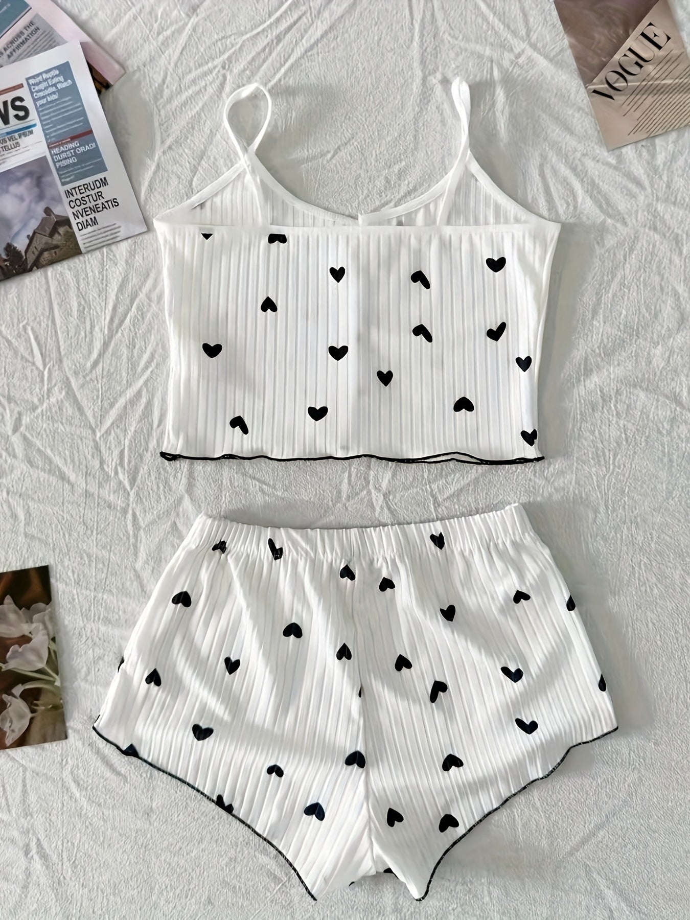 Women's Heart Print Pajama Set with Backless V-Neck Cami Top and Shorts