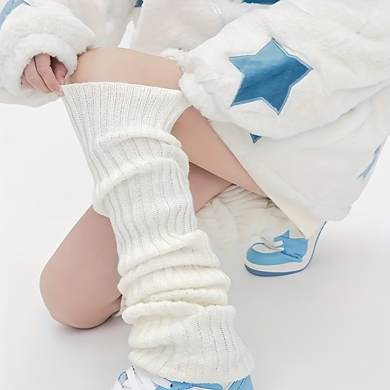 Long Knitted Leg Warmers with Slimming Stripes for Autumn Winter Over-the-Knee Polyester