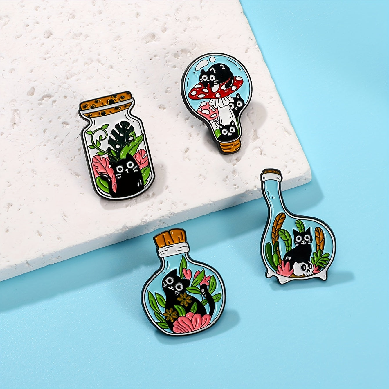 Set of 4 Cat and Plant Enamel Pins for Women Jewelry Brooches Alloy Stylish Accessories